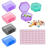 4 quadratische Mini-Pillendosen, 2 sechseckige Pillendosen, 1 Etikettenaufkleber, wasserdicht und feuchtigkeitsbeständig, tragbare Pillendose für Reisen, Geschäftsreisen, Sport (5 Farben)