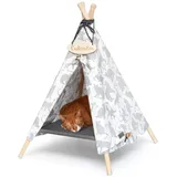 Outentin Tierbett Katzentipi und Hundehöhle mit Bett - Tipi-Zelt für Katze und Hund, 100% Baumwolle, Abnehmbares Bett, Beschriftbares Namensschild, Verstellbares Seil grau|weiß