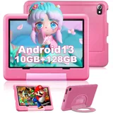 Kinder Tablet 10 Zoll Android 13, 10 GB RAM + 128 GB ROM / 1 TB, Octa-Core, 1080P IPS, Kids Tablet mit Kindersicherung, 6000 mAh, Dual-Kamera, WiFi, Bluetooth 5.0, Tablet Kinder mit Hüllen, Rose