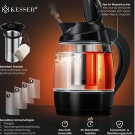 Kesser KESSER® 1,8L Edelstahl Wasserkocher 2200W Glaswasserkocher Warmhaltefunktion