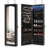 COSTWAY Schmuckschrank mit LED Beleuchtung, 6 Schubladen und Spiegel, Sipegelschrank hängend, Hängeschrank für Tür und Wandmontage, abschließbar (Schwarz)