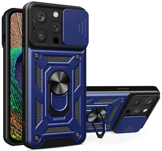 Hybrid Armor Camshield Case for iPhone 14 Pro Max Armored Case with Camera Cover Blue