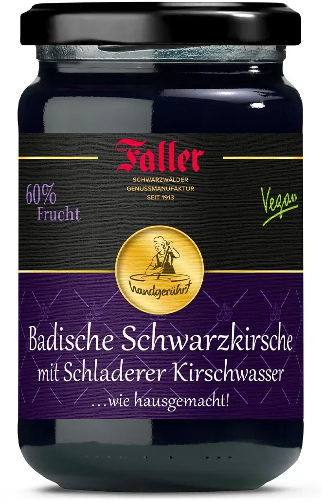 Genieße die Frische: Schwarzkirsch Konfitüre mit Kirschwasser, 330g - 60% Frucht