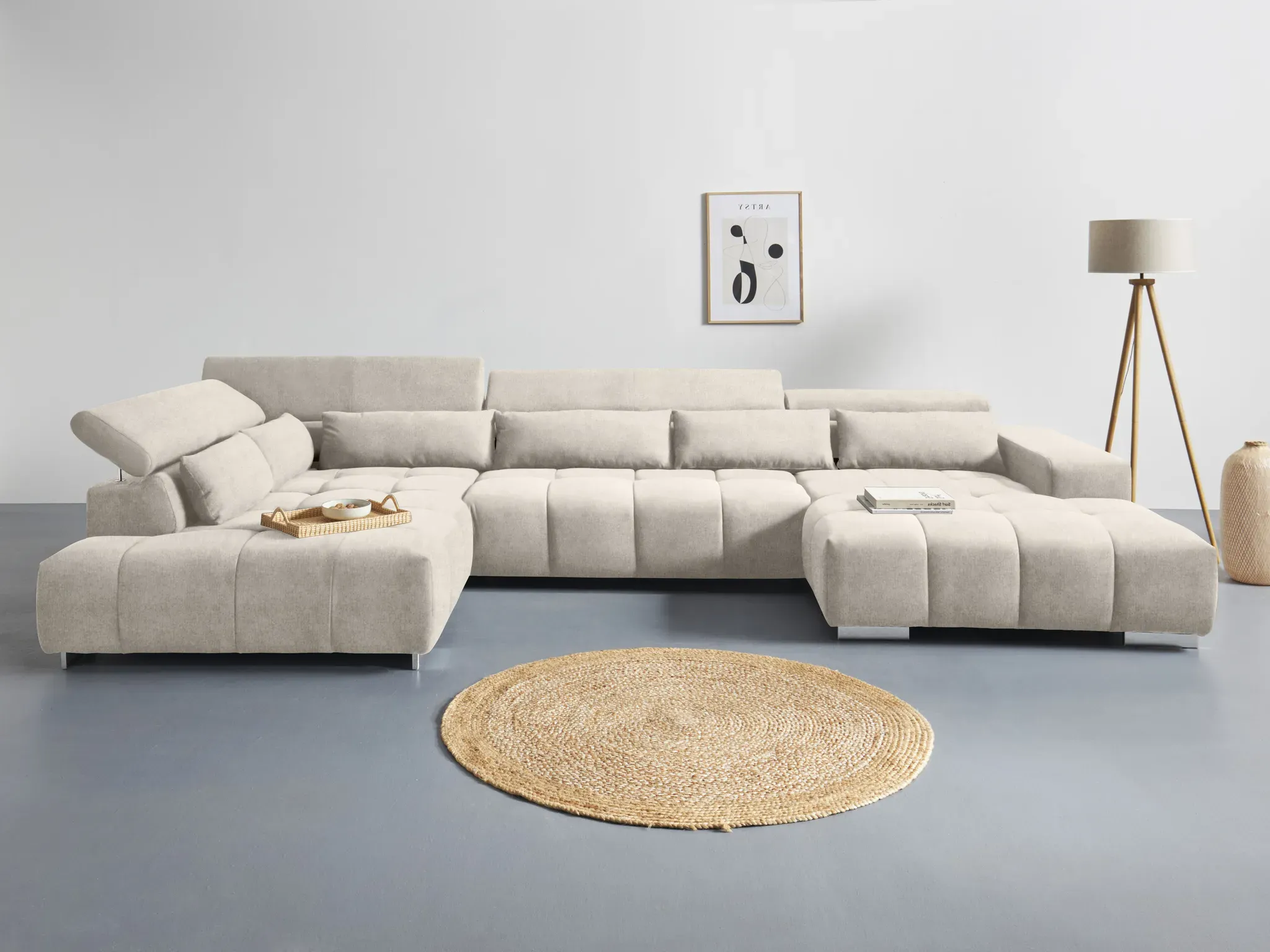 Wohnlandschaft COTTA "Orion U-Form", beige, B:409cm H:73cm T:225cm, 100% Polyester, Sofas, mit Kopfteilverstellung & 6 Nierenkissen