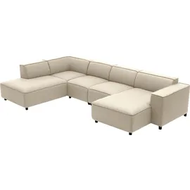 Atlantic Home Collection Bulky Wohnlandschaft Ecksofa, Récamière Links, Stoff, Creme, 195 x 324 x 70 cm,