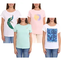 AjC Damen T-Shirt mit verschiedenen Prints kurzärmliges Sommer-Shirt Baumwolle Mint, Rosa oder Weiß - 32/34