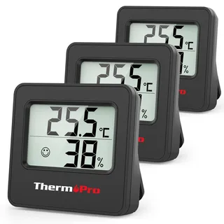 ThermoPro TP157 Mini Hygrometer Thermometer Innen 3er Set 0.5°C Präzise Raumthermometer Luftfeuchtigkeitsmesser mit Smiley-Indikator Ideal für Wohnzimmer, Büro, Garage oder Gewächshaus, Schwarz
