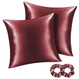 BEDELITE Satin Kissenbezug 80x80 Rot - Kopfkissenbezug 2er Set Weich wie Seidenkissenbezug 80 x 80 Sommer mit 2 Haargummis für Haar und Haut, Similar to Silk Pillowcase Pillow Cover
