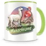 Samunshi® Kindertasse mit Namen Tasse Alpaka und Flamingo Personalisierte Tasse mit Namen Kinder Kinderbecher mit Namen Kindergarten grün 300ml