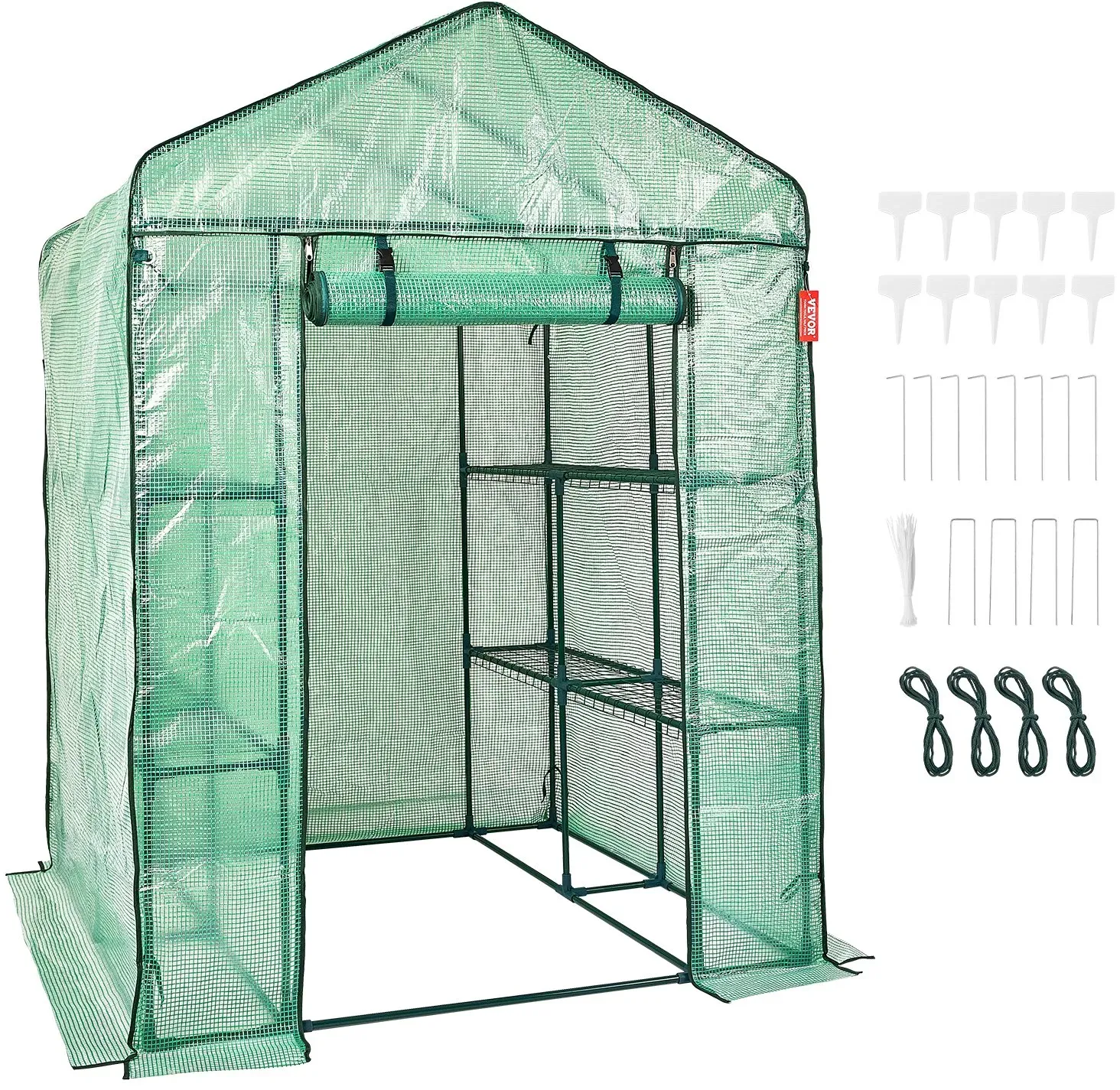 VEVOR Foliengewächshaus 141x141x200cm Tomatengewächshaus 15kg Tragfähigkeit Treibhaus Gartenhaus Frühbeet PE-Material Stahlrohr Tomatenhaus Gemüse Gewächshaus mit 4 Regalen Pflanzenhaus