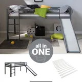 Homestyle4u Kinderbett 90x200 mit Lattenrost und Rutsche in Grau 2258
