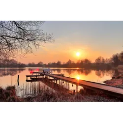 Fototapete PAPERMOON "HOLZ-BRÜCKE-PIER STEG SEE STRAND WALD SONNENUNTERGANG", bunt, B:4,00m L:2,60m, Vlies, Tapeten