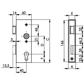 AMF Schlosskasten,schmal 141U,blk DIN L/R Maß A30xB60xC172mm Dornm.40mm Entf.72mm