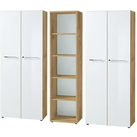 KADIMA DESIGN Büro-Set MUENCHEN 3-teilig 240cm breit Glasfront 2 Schrank Abschließbar & Regal Chalet-Eiche-Nb./Weiß
