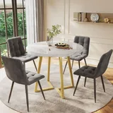Esszimmer-Set (5-teilig): Runder Küchentisch (80 cm Ø, weiße MDF-Platte, goldfarbene Metallbeine) + 4 dunkelgraue Samtstühle - Dunkelgrau/Weiß