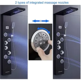 keokbon Duschpaneel Regendusche Edelstahl Schwarz mit LED-Lichter,5 Funktionen Duschsystem mit Handbrause, Massagedusche und Wasserfall Dusche