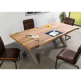 MASSIVMOEBEL24.DE Baumtisch Sheesham 220 x 77 x 100 cm natur sandgestrahlt/silber matt