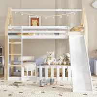 Kinder-Hochbett 90x200 cm Hausbett aus Kiefer-Massivholz & MDF mit Rutsche, Spielbereich & Dach, inkl. Lattenrost, geräuschlos & stabil, Weiß Natur - Weiß