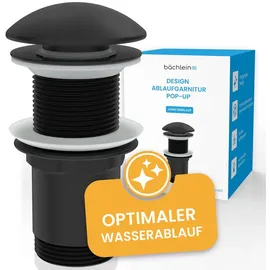 Bächlein Design Ablaufgarnitur ohne Überlauf (Matt Schwarz) - Pop Up Ventil aus Messing mit innovativer Kappenform gegen Wasserflecken Kalkränder