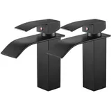 Auralum - 2pcs Schwarz Messing Waschtischarmatur Wasserfall Wasserhahn Bad Waschbeckenarmatur Badarmatur Einhebelmischer Armatur Bad Mischbatterie