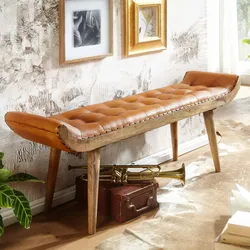 Kadima Design Sitzbank aus Massivholz und Leder: Chesterfield-Muster, Lederpolsterung, Massivholzbeine. Beige, Material: Leder, 125x38x50 cm