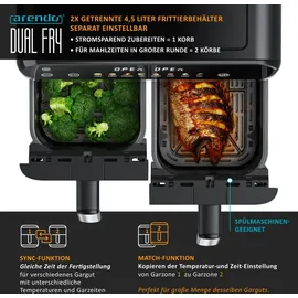 Arendo Heißluftfritteuse XXL Doppelkammer 9L schwarz