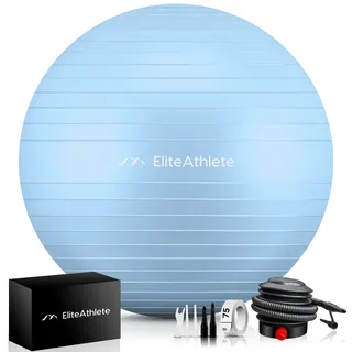 HOEL EliteAthlete® Gymnastikball Sitzball Büro ergonomisch mit Anti Burst System - Fitness Yoga Pilates Schwangerschaft - Schwangerschaftsball Fitnessball Yogaball - Yoga Ball inkl. Luftpumpe - Frosty 65cm blau 65 CM