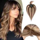 S-noilite Topper für Frauen Echthaar mit Pony 150% Dichte Toupet Haarteil Echthaar Damen Haarverdichtung für Dünnes Haar Mono Basis Haarverlängerung 25cm - 32g #4/27 Schokoladenbraun/Dunkelblond