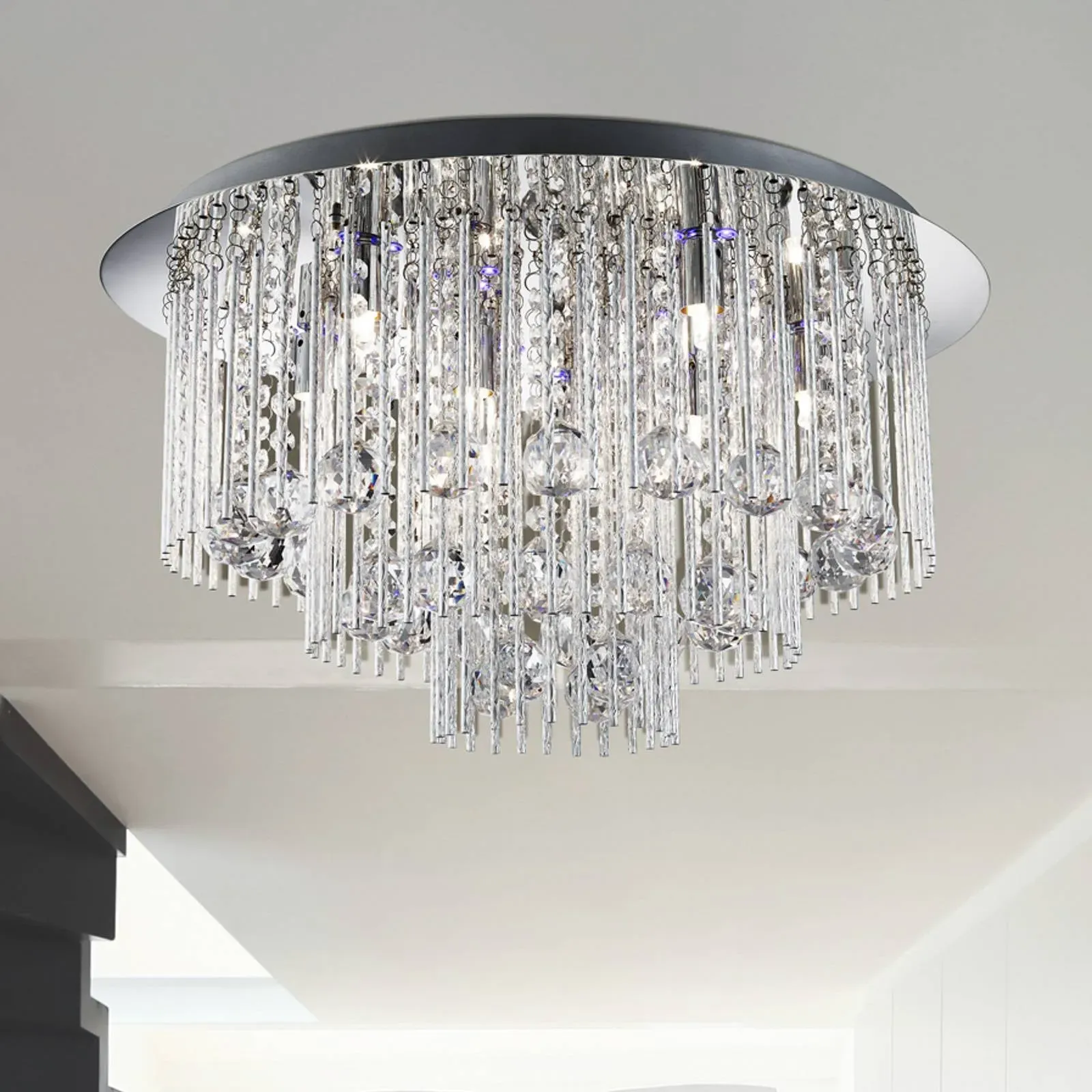Searchlight Kristall Deckenlampe Beatrix, chrom / silber, für Wohn- / Esszimmer, Metall, Deckenlampe - 55 cm - 55 cm - 31 cm