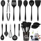 POFIBO Küchenutensilien Set - 15-teiliges Silikon Küchenhelfer Set, Hitzebeständige Antihaft Küchen Utensil Set mit Utensilienhalter Küchengeschirr-set, Kochbesteck Set Silikon, Schwarz Küchen Set