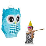 Relaxdays Pinata Eule, niedliche Tierpinata zum selbst Befüllen, Geburtstag, zum Aufhängen, Schlagpinata f. Kinder, blau, 1 Stück