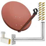 PremiumX Satelliten-Komplettanlage 80cm Satellitenantenne Rot Satellitenschüssel SAT Anlage Ziegelrot Stahl Octo LNB Wandhalter 45cm