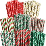 ALINK 100 Weihnachts Papierstrohhalme, 8 Stile gestreifte Weihnachtsbaum Schneeflocke Strohhalme für Weihnachten Party Dekorationen Zubehör