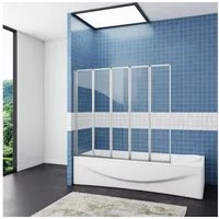 AICA Badewannenfaltwand Badewannenaufsatz 5-tlg.Faltwand Duschwand 120X140 Duschabtrennung, 4mm ESG klares Sicherheitsglas, mit Antikalk-Versiegelung weiß