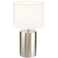 MeineWunschleuchte Tischlampe mit Keramikfuß Silber Antik & Stoffschirm Leinen