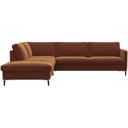 Ecksofa FLEXLUX "Fiore, L-Form", braun (cognac), B:266cm H:85cm T:225cm, 100% Polyester, Sofas, schmale Armlehnen, Kaltschaum, Füße Alu+schwarz