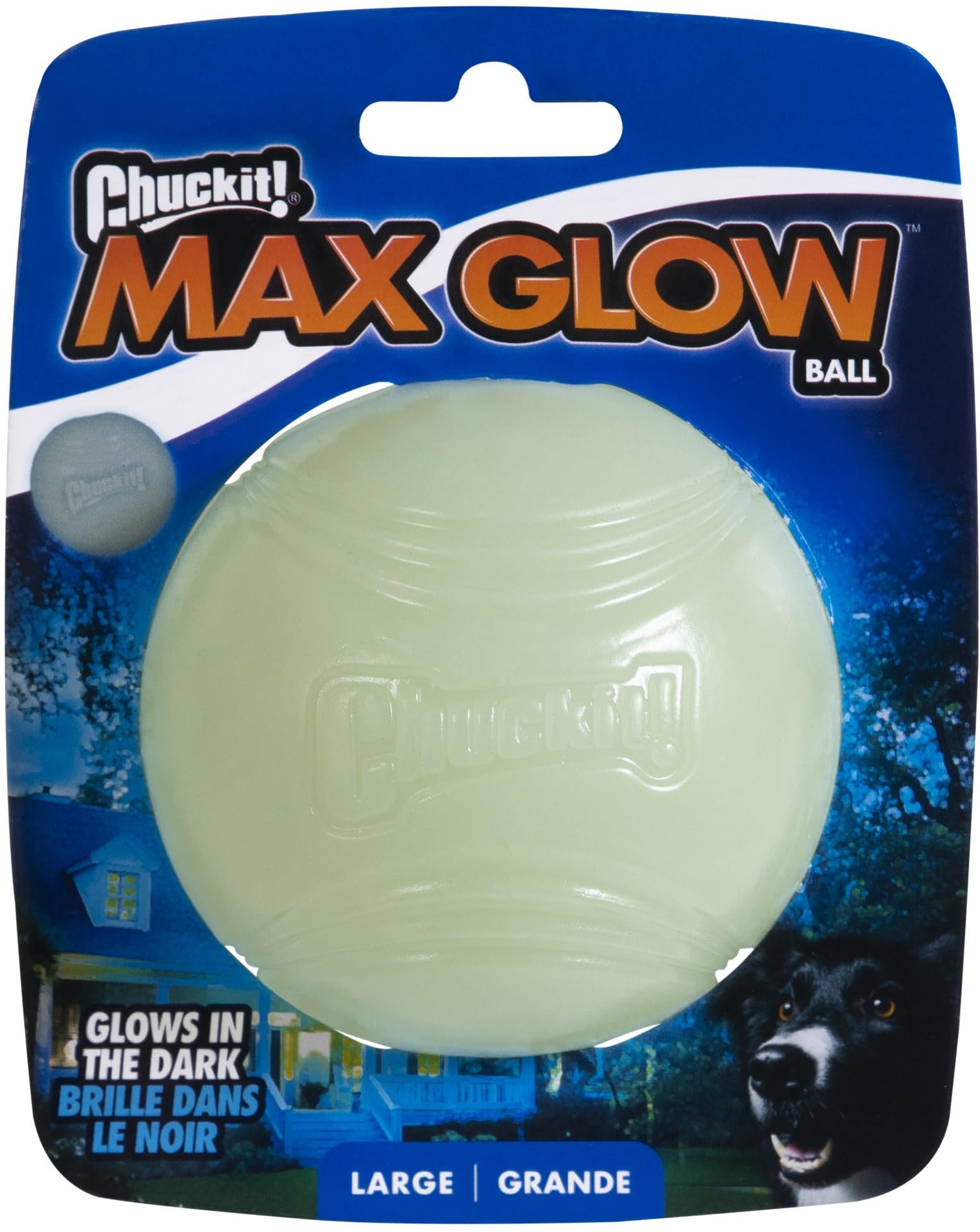 Chuckit – Max Glow Ball Large – Phosphoreszierender Ball für Hunde – Gummiball – weich im Mund – verstärkt die Komplizenschaft – Größe Large – Durchmesser 7,5 cm