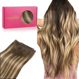 WENNALIFE Tressen Extensions Echthaar, 40cm 80g Balayage Schokoladenbraun bis Karamellblond Tressen Echthaar zum Einnähen Echthaar Extensions Tressen Weft Echthaar Tressen Sew In Hair Extensions