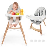 COSTWAY 2 in 1 Babyhochstuhl, Hochstuhl aus Buchenholz mit 5-Punkt-Sicherheitsgurt, abnehmbarem Doppeltablett & Sitzkissen, Babystuhl Kinderhochstuhl für 6-36 Monaten Baby, 15 kg Belastbar (Grau)