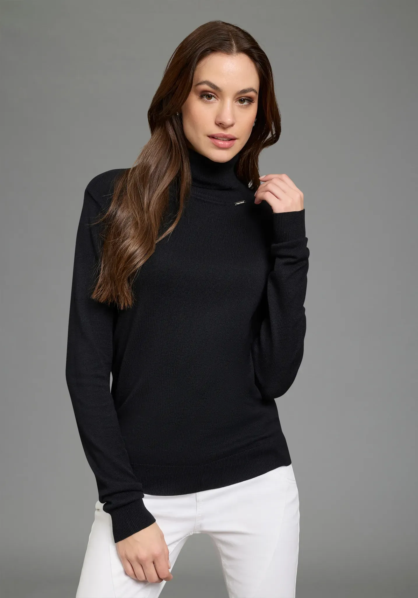 Rollkragenpullover BRUNO BANANI, Damen, Gr. 32/34, schwarz, Feinstrick, Obermaterial: 70% Viskose, 30% Polyamid, clean, unifarben, Basic, figurbetont hüftlang, hoch geschlossener Ausschnitt, Rippbündchen, Pullover Pullover Rollkragenpullover, mit Metalllogo