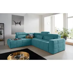 Ecksofa DOMO COLLECTION "Brandon L-Form, auch in Leder", blau (türkis), B:275cm H:80cm T:228cm, Sofas, inklusive Kopfteilverstellung, wahlweise mit Sitztiefenverstellung