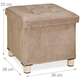 Relaxdays Samthocker mit Stauraum, Tablett im Deckel, mit Holzbeinen, eckiger Sitzhocker, HBT: 35 x 38 x 38 cm, Creme, Samt