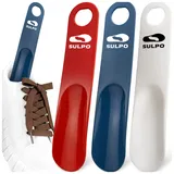 SULPO Schuhlöffel aus Kunststoff - Schuhanzieher Klein mit Lochung zum Aufhängen - Robuste Shoe Horn aus Plastik - Schuhlöffel Klein - 19 cm/Rot–Dunkelblau–Weiß / 3 Stk. - 19 cm