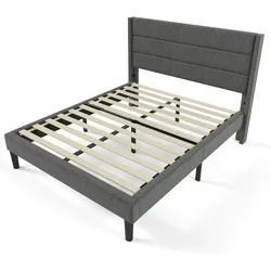 OKWISH Polsterbett 140x200 mit 7-Zonen Taschenfederkernmatratze, gepolstertes Kopfteil, ergonomische Schlafunterlage, Leinenstoff, Dunkelgrau