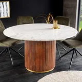 riess-ambiente Runder Esstisch GATSBY 140cm braun gold Mangoholz weiße Marmorplatte Säulenfuß - Weiß