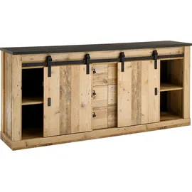 Home Affaire Sideboard HOME AFFAIRE "SHERWOOD", braun (old style hell dekor), B:201cm H:91cm T:43cm, Sideboards, Sideboard, modernes Holz Dekor, mit Scheunentorbeschlag aus Metall, Breite 201 cm