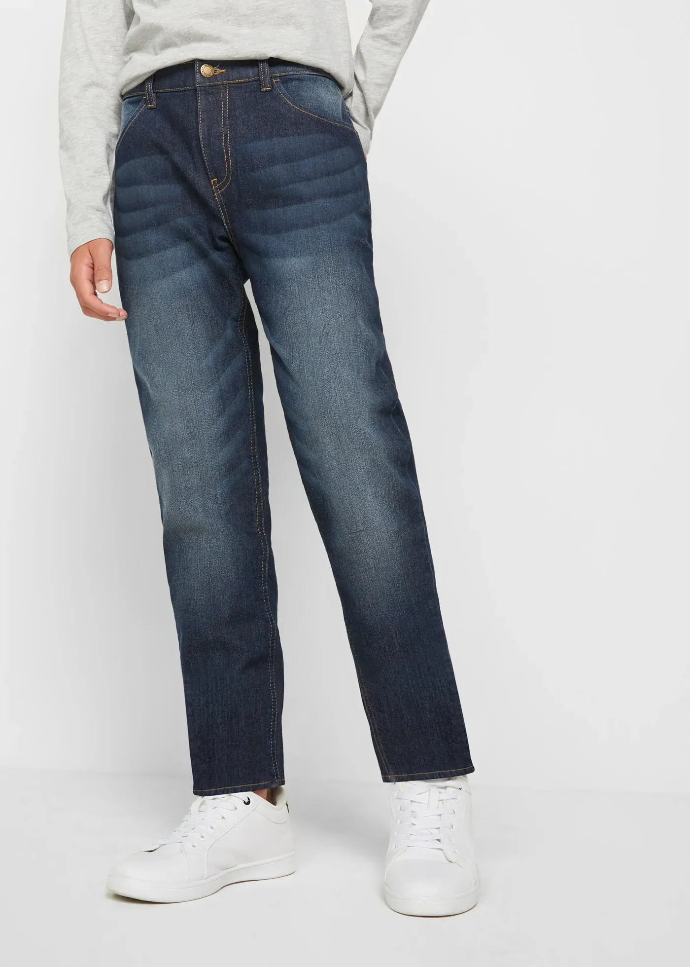 Slim-fit-Jeans BONPRIX, Jungen, Gr. 164, N-Gr, blau (dunkelblau denim), Obermaterial: 82% Baumwolle, 17% Polyester, 1% Elasthan. Futter: 100% Polyester, slim fit, Jeans Slim-fit-Jeans, mit Fleecefutter, verstellbarer Bund