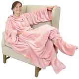Catalonia Classy Decke mit Ärmeln und Fußtasche Geschenk für Frauen Herren, Flauschig Fleece Tragbare Kuscheldecke mit Ärmeln, Warm Decke zum Anziehen Ärmeldecke Erwachsene, 190 x 135 cm Rosa - Fleece