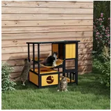 PawHut Katzenhaus aus Holz Katzenhöhle Katzenhütte mit Hängebrücke, Balkon, Plattform, wasserabweisendes Dach, für 1-2 Katzen bis 5 kg, Gelb