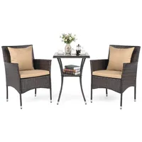 COSTWAY Gartenmöbel Set Polyrattan, Balkonmöbel mit 2 Sessel, Glastisch & Kissen, Gartenlounge für 2 Personen, Sitzgruppe, Mix Braun+Beige - Braun/Beige